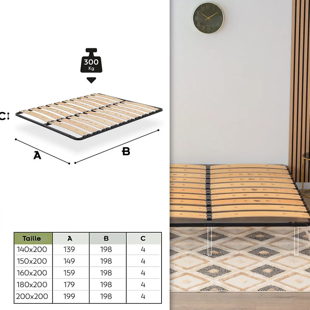 Sommier Ergonomique à Lattes Larges Et Flexibles En Bois De Bouleau 160x200 Cm Avec Pieds>Monmobilierdesign Online