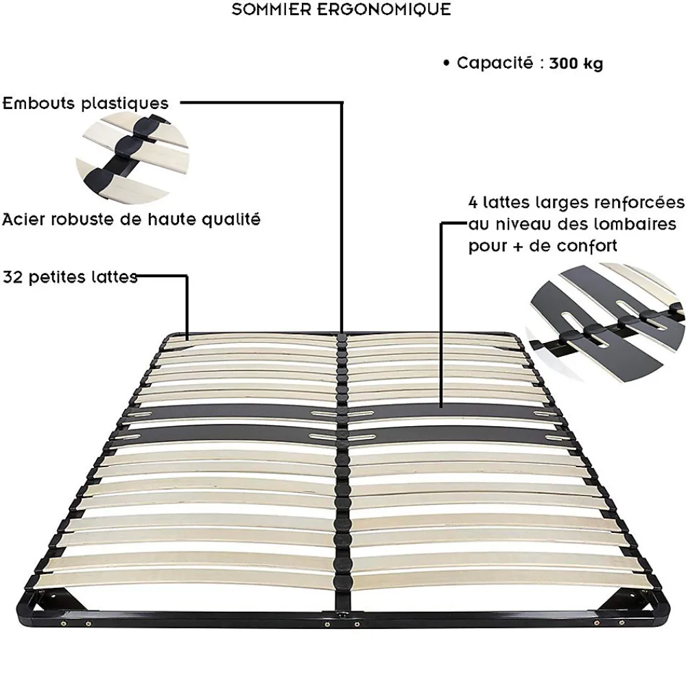Sommier Ergonomique à Lattes Avec Zone Lombaire Renforcée 200x200 Cm>Monmobilierdesign Online