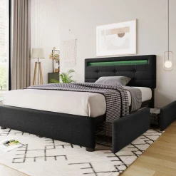 Sommier LED 2 Tiroirs 90x200cm Bois Tête Réglable Noir><noscript><img width=