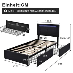 Sommier LED 2 Tiroirs 90x200cm Bois Tête Réglable Noir><noscript><img width=