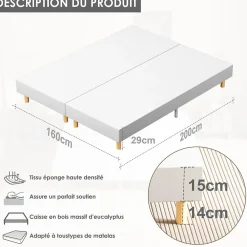 Sommier tapissé 160x200 cm(2x80x200), 12 pieds pour un maintien stable, hauteur 29 cm, housse amovible incluse><noscript><img width=