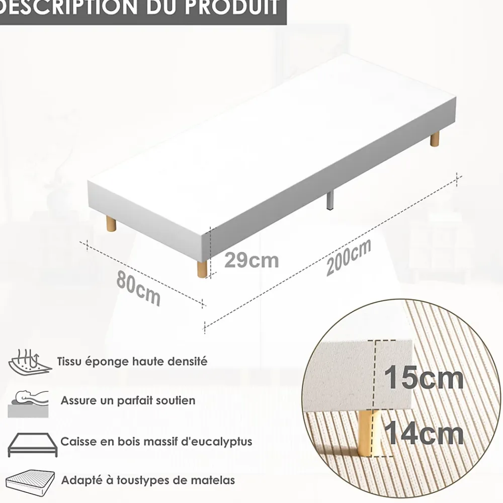 Teeno Sommier Tapissier à Lattes 80x200cm Blanc, 6 pieds* Sommier