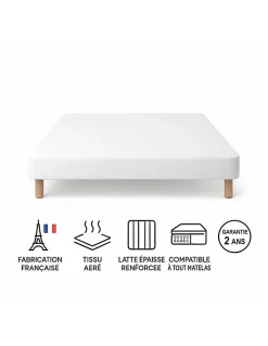 By Sommiflex. SOMMIER TAPISSIER BLANC 160x200 cm FABRICATION FRANÇAISE ARTISANALE PIEDS OFFERTS HAUTEUR avec PIEDS 27 cm* Sommier