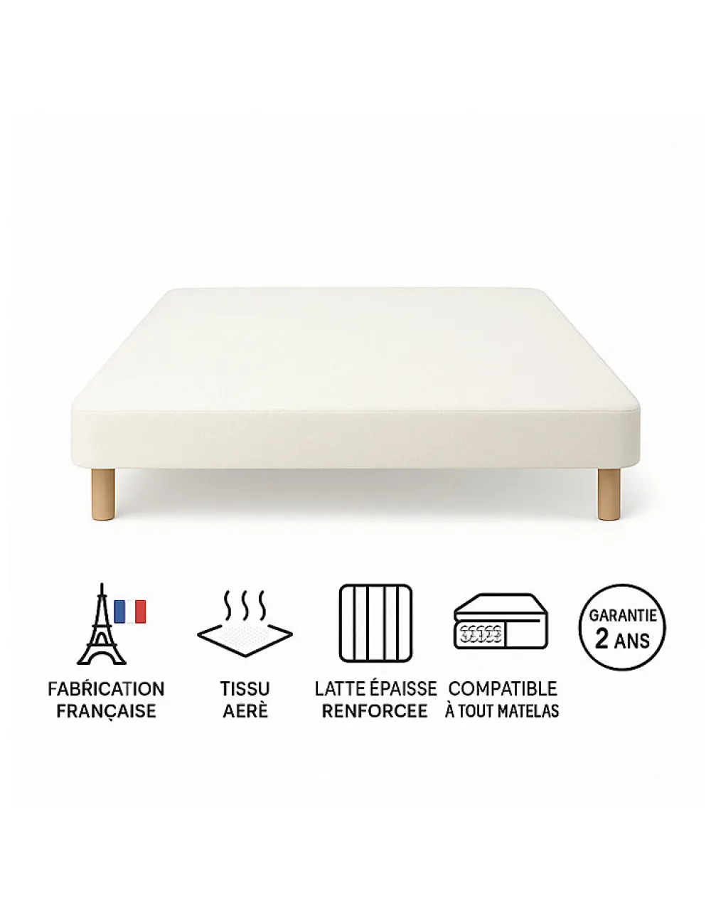 SOMMIER TAPISSIER BLANC 120x190 cm FABRICATION FRANÇAISE ARTISANALE PIEDS OFFERTS HAUTEUR avec PIEDS 27 cm>By Sommiflex. Best