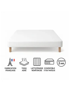 SOMMIER TAPISSIER BLANC 130x190 cm FABRICATION FRANÇAISE ARTISANALE PIEDS OFFERTS HAUTEUR avec PIEDS 27 cm><noscript><img width=