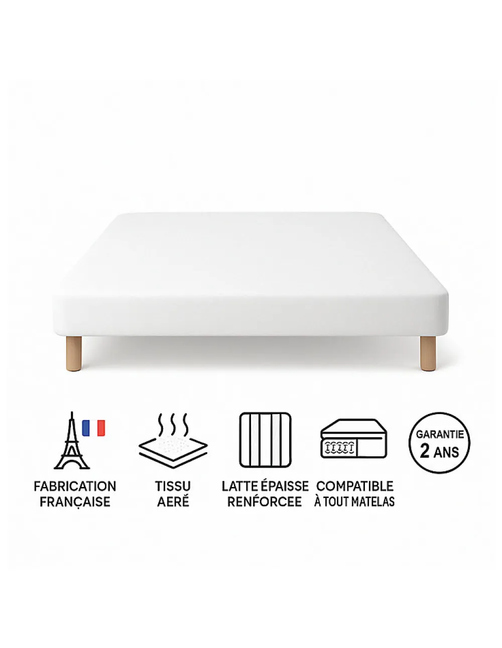 SOMMIER TAPISSIER BLANC 130x190 cm FABRICATION FRANÇAISE ARTISANALE PIEDS OFFERTS HAUTEUR avec PIEDS 27 cm>By Sommiflex. Discount