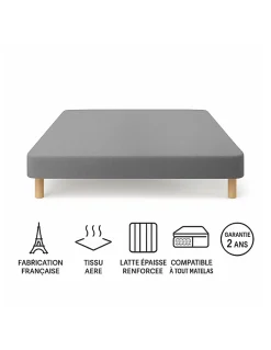 By Sommiflex. SOMMIER TAPISSIER GRIS 130x200 cm FABRICATION FRANÇAISE ARTISANALE PIEDS OFFERTS HAUTEUR avec PIEDS 27 cm* Sommier