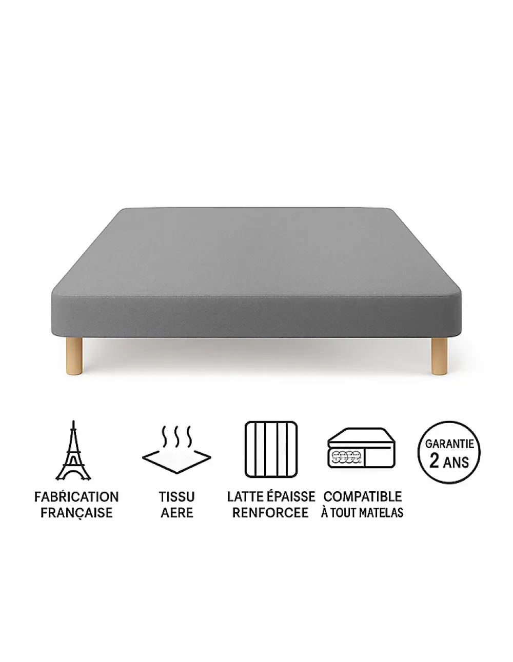 By Sommiflex. SOMMIER TAPISSIER GRIS 140x190 cm FABRICATION FRANÇAISE ARTISANALE PIEDS OFFER* Sommier