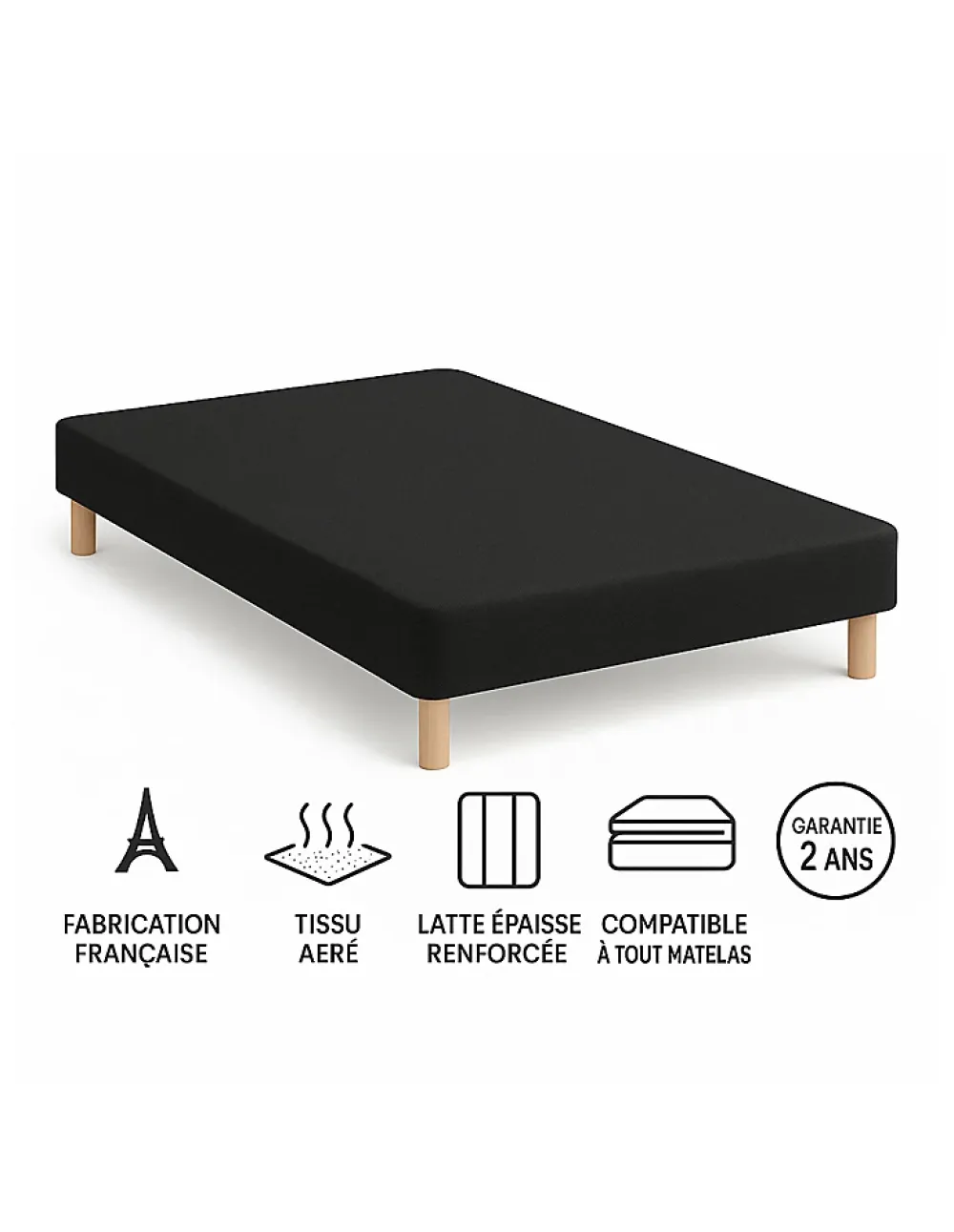 By Sommiflex. SOMMIER TAPISSIER NOIR 130x190 cm FABRICATION FRANÇAISE ARTISANALE PIEDS OFFER* Sommier