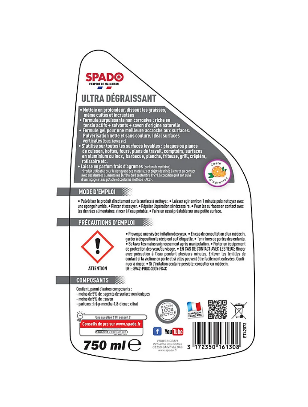 Spray gel nettoyant ultra dégraissant spécial graisses cuites Spado 750ml>Boldair Discount