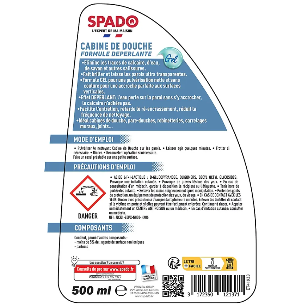 Spado Spray nettoyant déperlant cabine de douche 500ml* Nettoyant Pour Salle De Bains