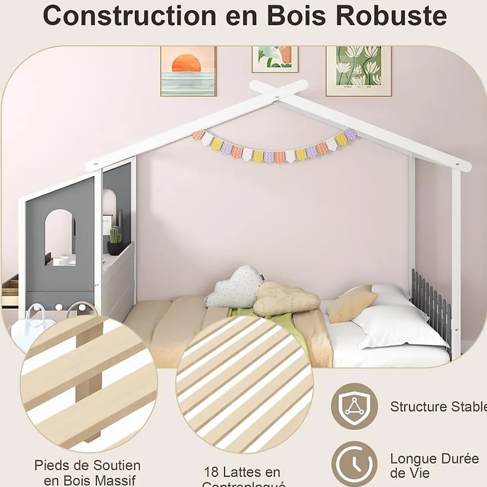 Structure de Lit 200x140CM avec Bureau Étude sur le Côté et 2 Tiroirs Aucun Sommier Nécessaire 253X102X193CM Blanc>Giantex Best