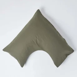 Taie d'oreiller cervical vert mousse en lin lavé ->Homescapes New
