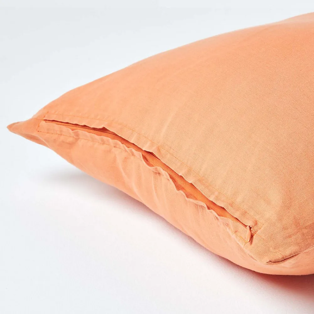 Taie d'oreiller orange en lin lavé, 40x80 cm ->Homescapes