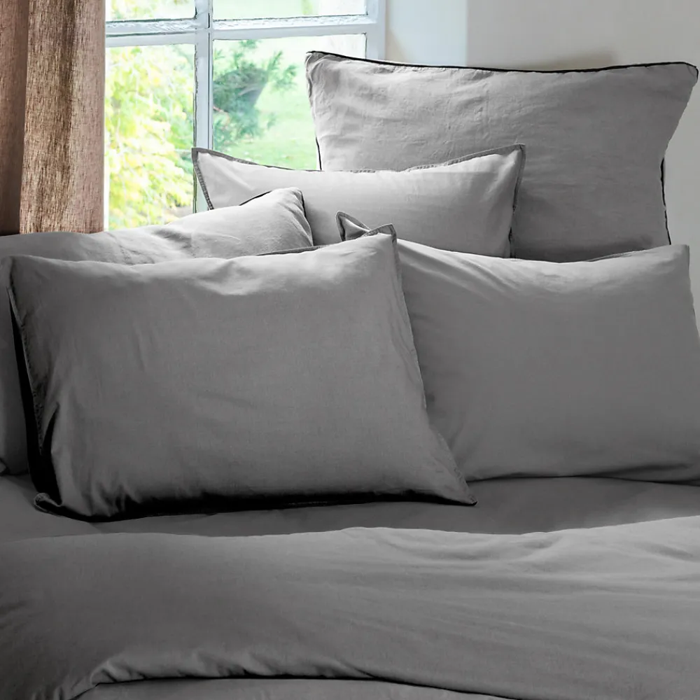 Taie d'oreiller PALACE pur coton lavé 50x70 cm uni gris acier>Linnea Sale