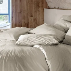 Taie d'oreiller PALACE pur coton lavé 50x70 cm uni beige nacre><noscript><img width=