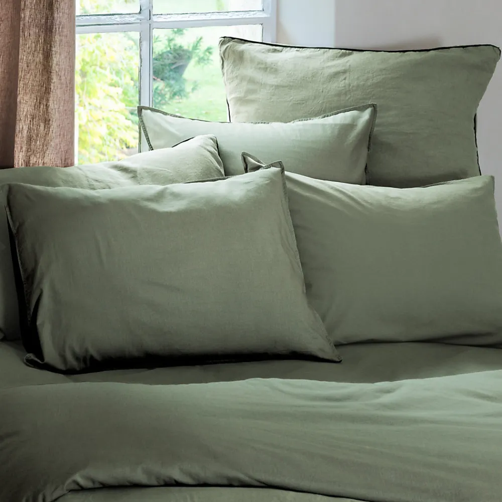 Taie d'oreiller PALACE pur coton lavé 65x65 cm uni vert mousse>Linnea Clearance