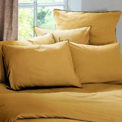 Linnea Taie d'oreiller PALACE pur coton lavé 65x65 cm uni jaune curry* Taie D'Oreiller
