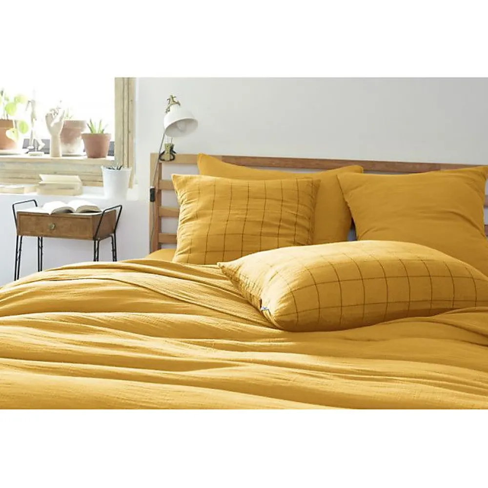 L'Effet Papillon Taie d'oreiller Tissé-teint grands carreaux Déco "Gaïa Match" 60 x 60 cm & 50 x 70 cm "Gaze de Coton" - Gaïa Match Safran - 60 x 6* Taie D'Oreiller