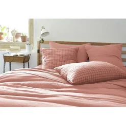 Taie d'oreiller Tissé-teint petits carreaux Déco "Gaïa Mix" 60 x 60 cm & 50 x 70 cm "Gaze de Coton" - Gaïa Mix Rose Pêche - 60 x 6>L'Effet Papillon Outlet
