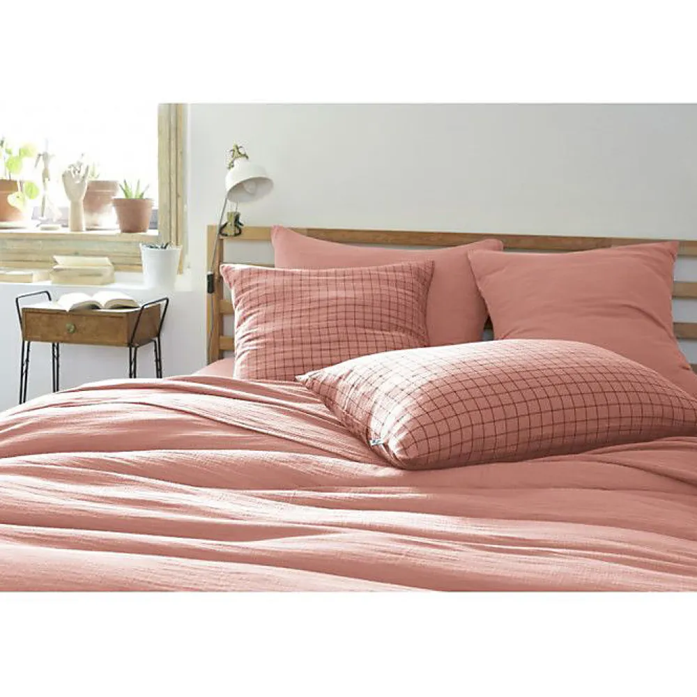 Taie d'oreiller Tissé-teint petits carreaux Déco "Gaïa Mix" 60 x 60 cm & 50 x 70 cm "Gaze de Coton" - Gaïa Mix Rose Pêche - 60 x 6>L'Effet Papillon Outlet