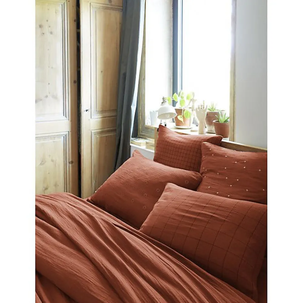 L'Effet Papillon Taie d'oreiller Tissé-teint petits carreaux Déco "Gaïa Mix" 60 x 60 cm & 50 x 70 cm "Gaze de Coton" - Gaïa Mix Terracotta - 60 x 6* Taie D'Oreiller