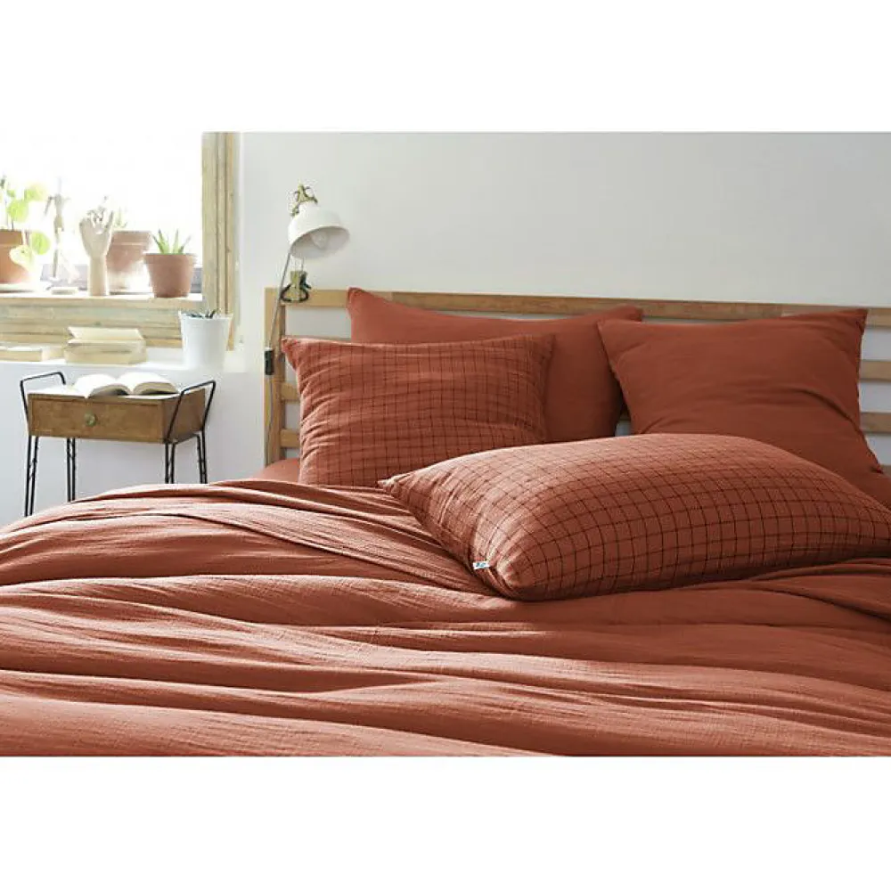 L'Effet Papillon Taie d'oreiller Tissé-teint petits carreaux Déco "Gaïa Mix" 60 x 60 cm & 50 x 70 cm "Gaze de Coton" - Gaïa Mix Terracotta - 60 x 6* Taie D'Oreiller