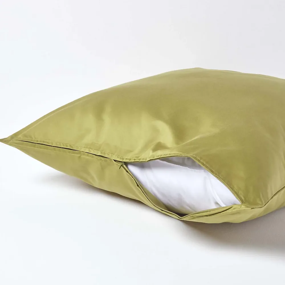 Homescapes Taie d'oreiller vert olive en satin de coton égyptien 1000 fils, 80x80 cm -* Taie D'Oreiller