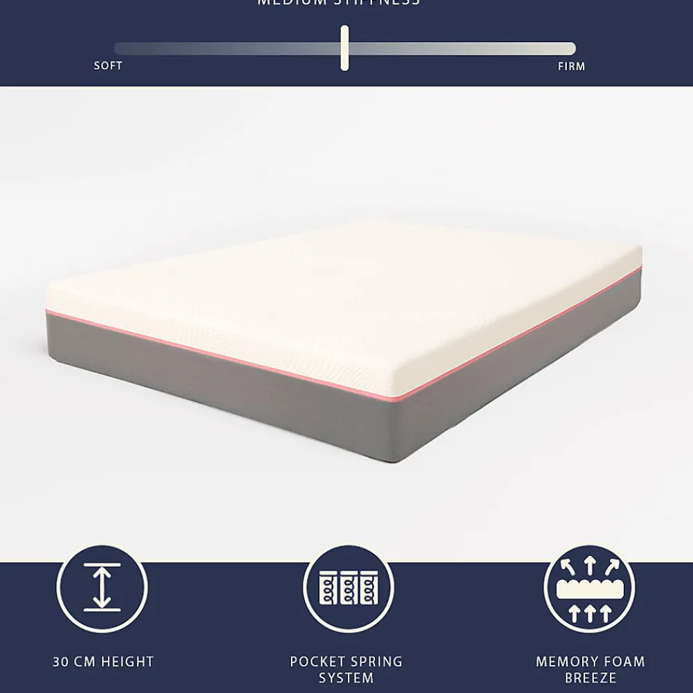 Matelas 90x190 en Mousse à Mémoire Breeze et Ressorts Ensachés, Hauteur 30 cm>The White Stone Outlet