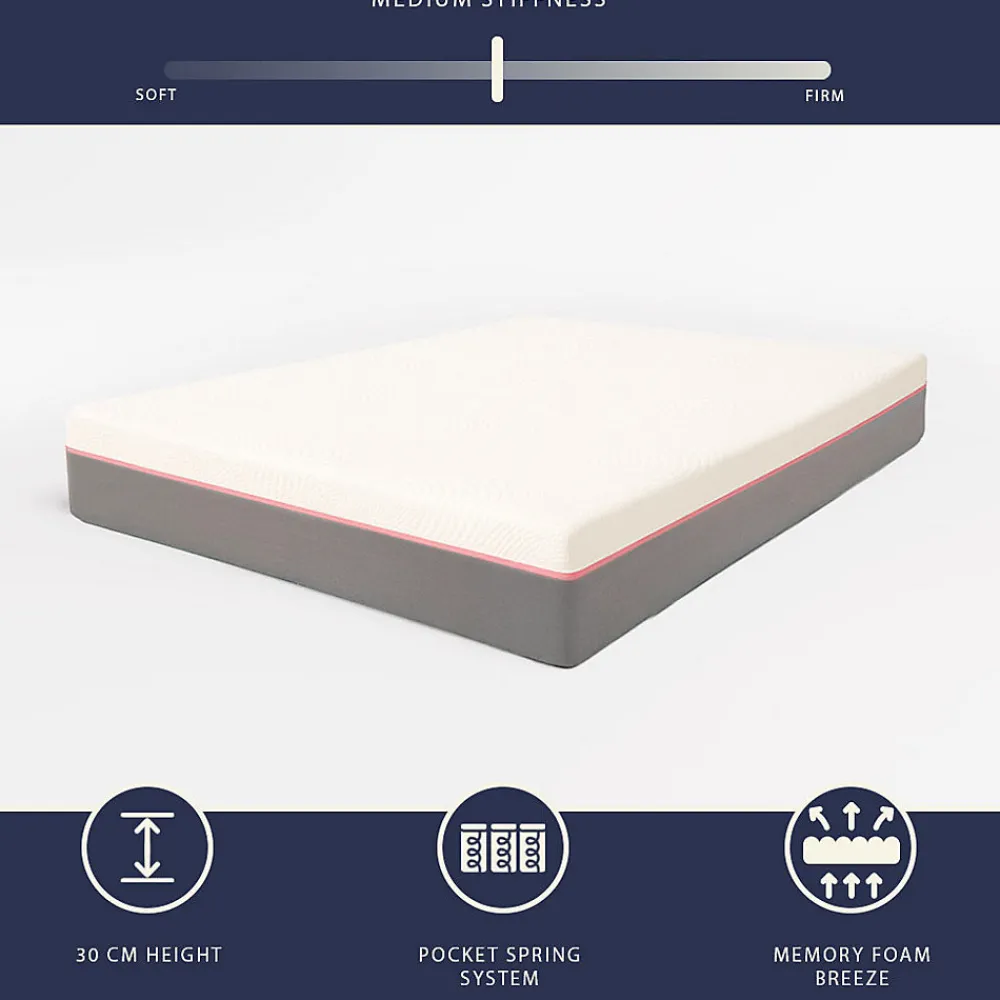 Matelas 90x190 en Mousse à Mémoire Breeze et Ressorts Ensachés, Hauteur 30 cm>The White Stone Outlet