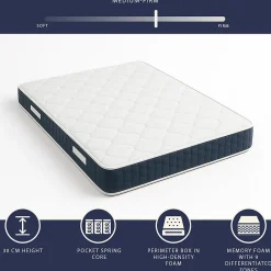 The White Stone Matelas 180x200cm, Hauteur 30 cm, avec Ressorts Ensachés et Memory Foam* Matelas
