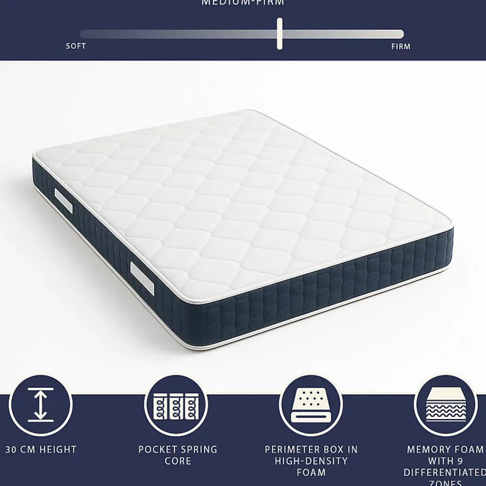The White Stone Matelas 180x200cm, Hauteur 30 cm, avec Ressorts Ensachés et Memory Foam* Matelas