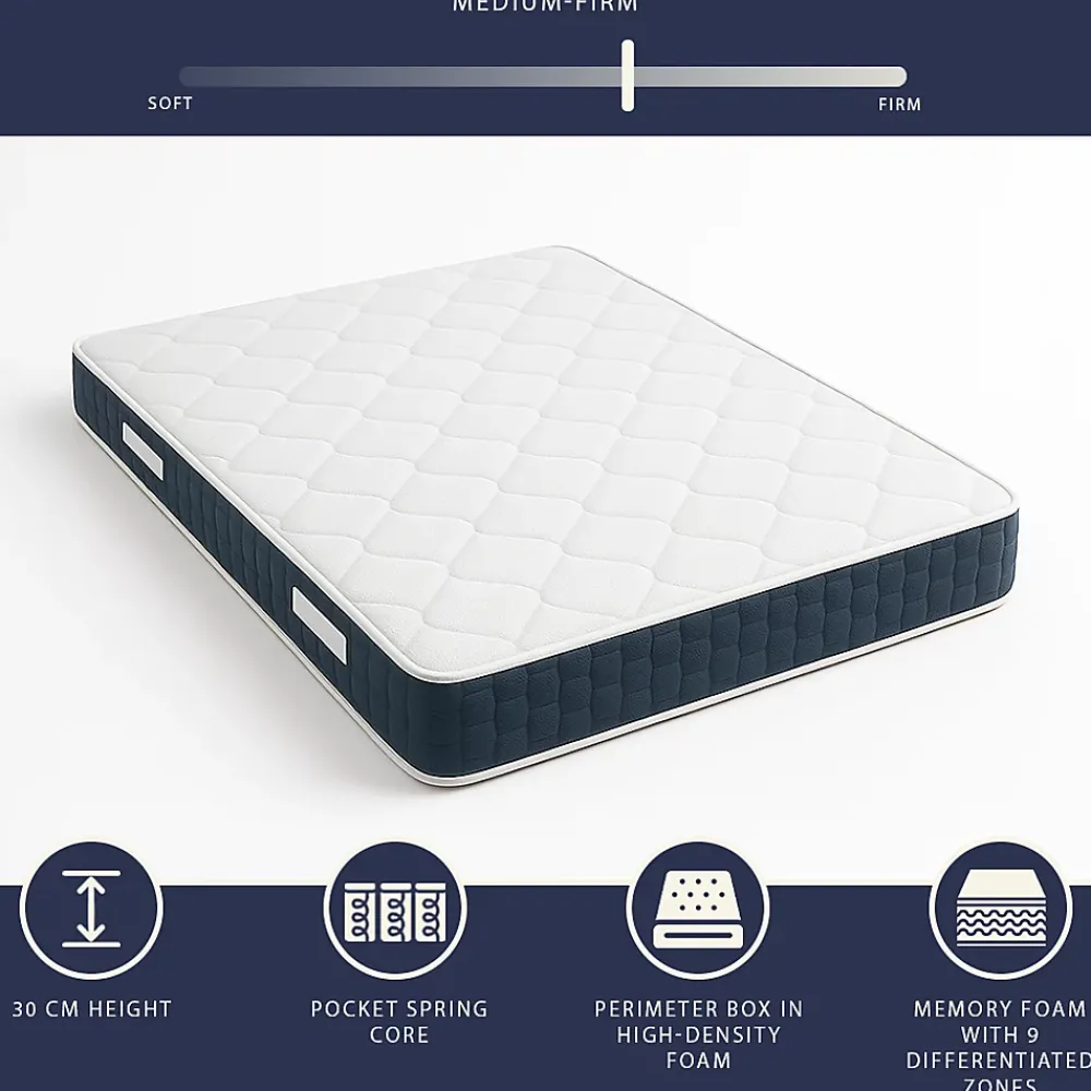 The White Stone Matelas 180x200cm, Hauteur 30 cm, avec Ressorts Ensachés et Memory Foam* Matelas