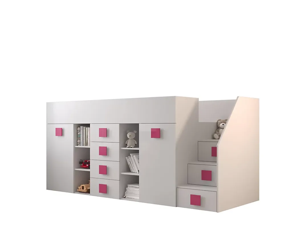 Abiks Meble TOLEDO 3P Lit superposé 248,5/123/93 (blanc/blanc/rose)*Enfant Lit Enfant