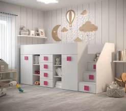 Abiks Meble TOLEDO 3P Lit superposé 248,5/123/93 (blanc/blanc/rose)*Enfant Lit Enfant