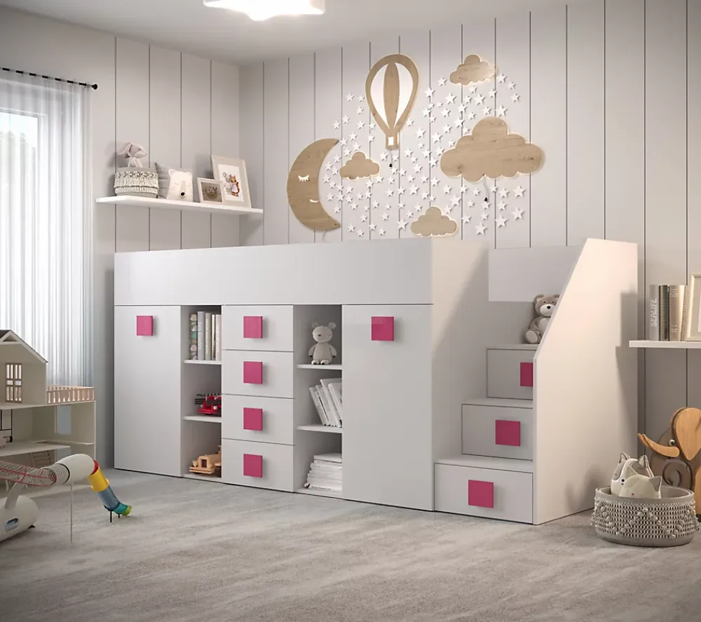 Abiks Meble TOLEDO 3P Lit superposé 248,5/123/93 (blanc/blanc/rose)*Enfant Lit Enfant