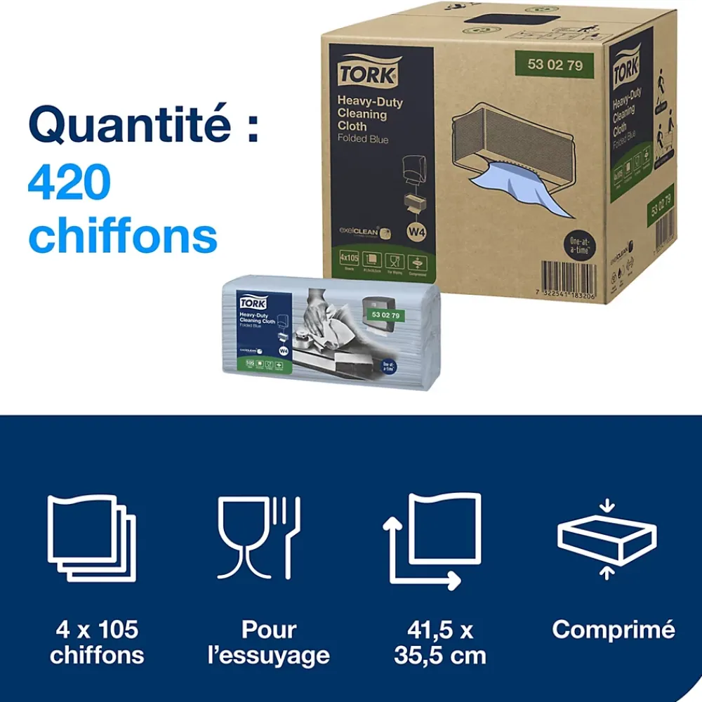 Tork Chiffon de Nettoyage Ultra-résistant bleu W4, robuste et absorbant, 1 x 105 chiffons, 530279* Chiffon