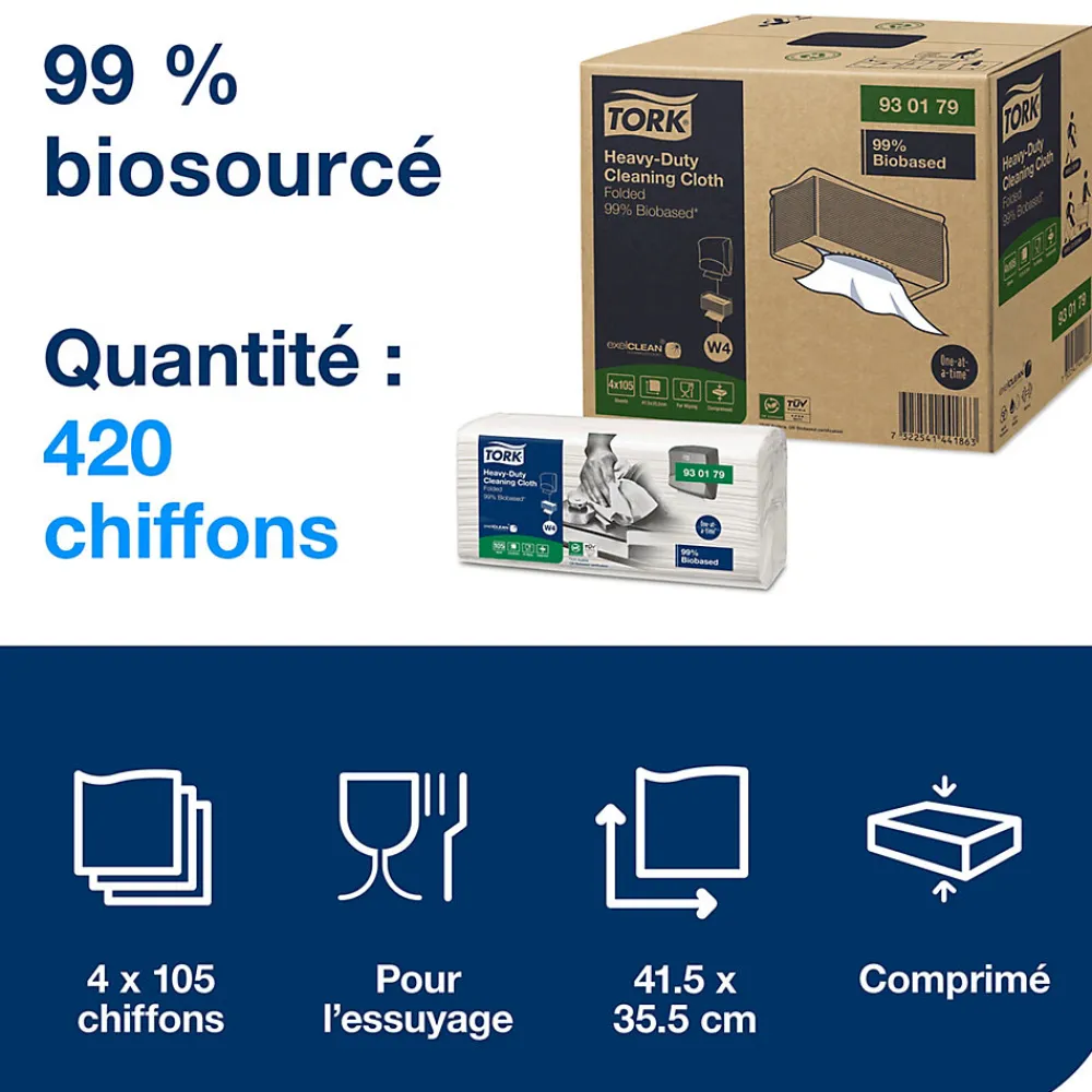 Chiffon de nettoyage ultra-résistant biosourcé blanc W4, technologie exelCLEAN, 4 x 105 chiffons, 930179>Tork Outlet