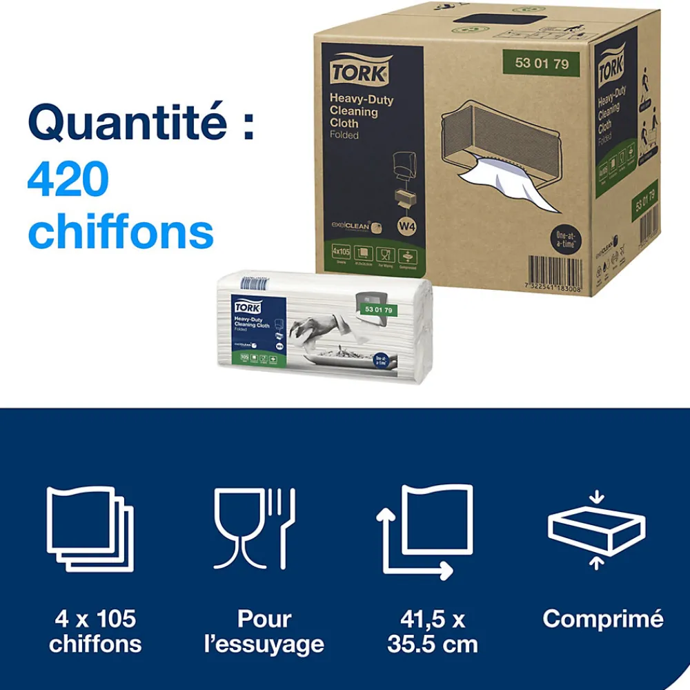 Chiffon de Nettoyage Ultra-résistant blanc W4, Multi-usages, 4 x 105 chiffons, 530179>Tork