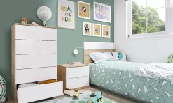 Dmora Tête de lit Aleangy, Table de chevet à deux tiroirs avec tête de lit pour lit simple de 90 cm, 100h50 cm, Chêne et Blanc* Tête De Lit