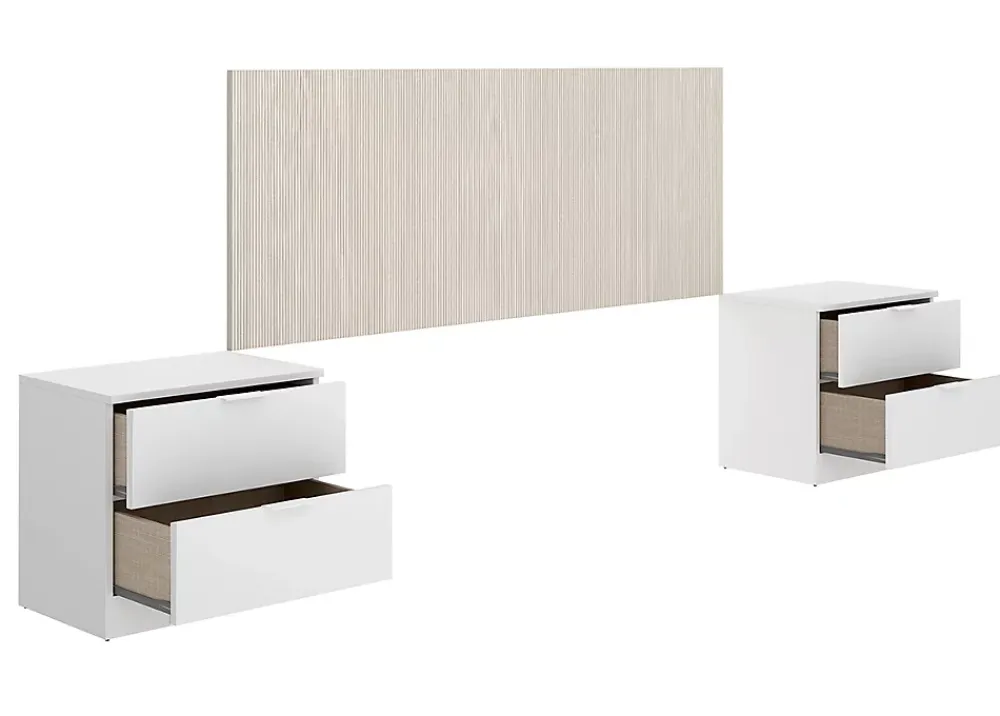 Pegane Tête de lit avec 2 tables de chevet coloris imitation lamelles, blanc - longueur 256 x profondeur 34 x hauteur 106 cm* Tête De Lit