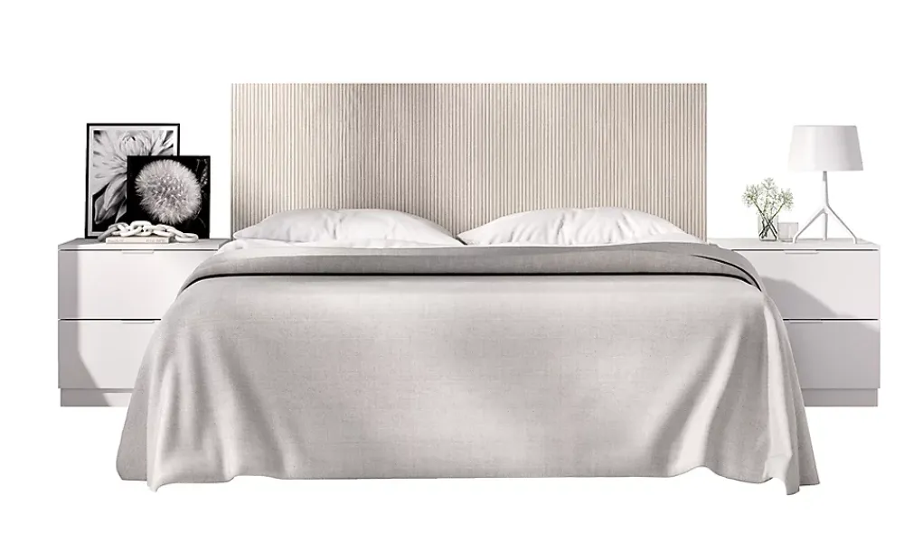 Pegane Tête de lit avec 2 tables de chevet coloris imitation lamelles, blanc - longueur 256 x profondeur 34 x hauteur 106 cm* Tête De Lit
