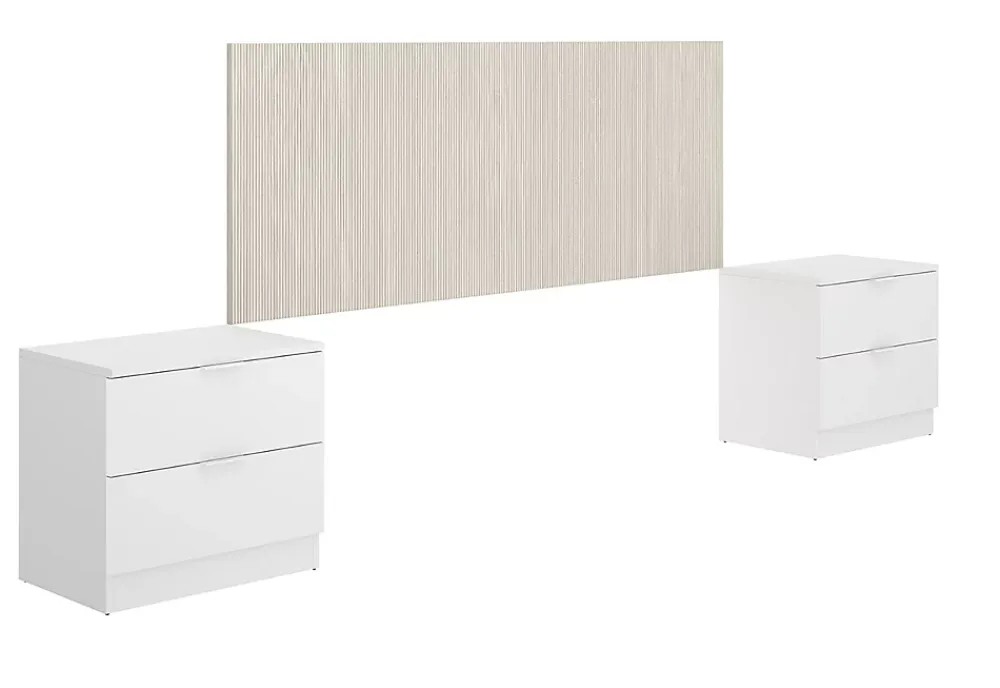 Pegane Tête de lit avec 2 tables de chevet coloris imitation lamelles, blanc - longueur 256 x profondeur 34 x hauteur 106 cm* Tête De Lit