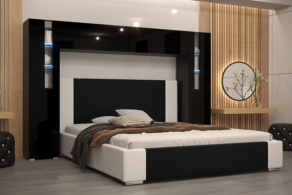 Azura Home Design Tête de lit avec rangement Armoire - pont de lit PANAMA 8/21B/HG1-1A noir/noir brillant 256x184x35cm* Tête De Lit