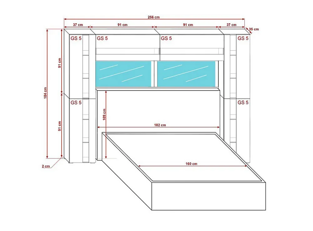 Tête de lit avec rangement Armoire - pont de lit PANAMA 14/M/S/5-1A chêne sonoma 256x184x35cm>Azura Home Design