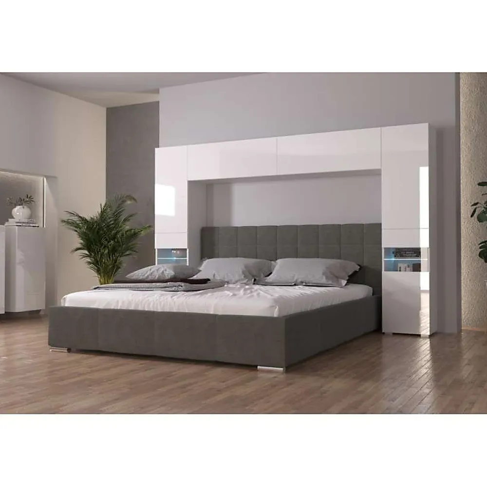 Tête de lit avec rangement Armoire - pont de lit PANAMA 12HG/W/2-1B blanc/blanc brillant 240x184x35cm>Azura Home Design Sale