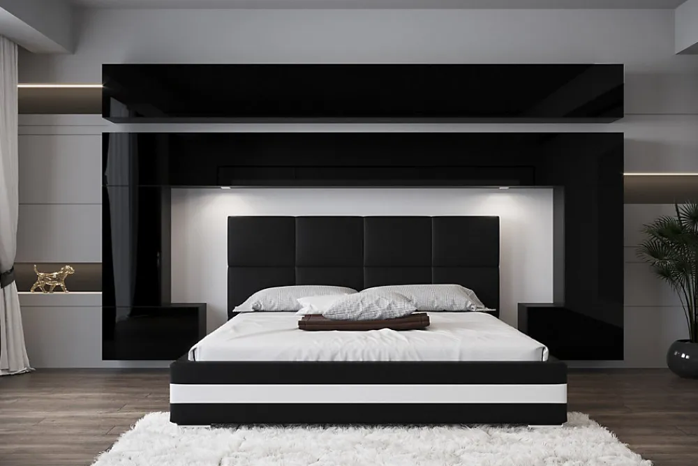 Tête de lit avec rangement Armoire - pont de lit PANAMA 5/HG/B/1-1C noir/noir brillant 300x214x35cm>Azura Home Design New