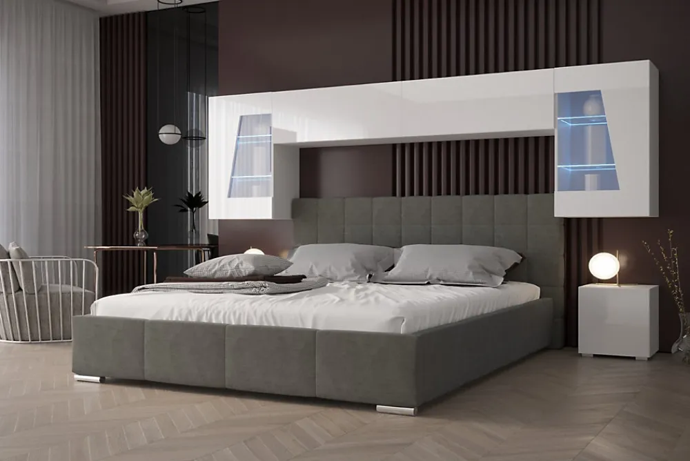Tête de lit avec rangement Armoire - pont de lit PANAMA 11/HG/W/1-1A blanc/blanc brillant 266x91x35cm>Azura Home Design