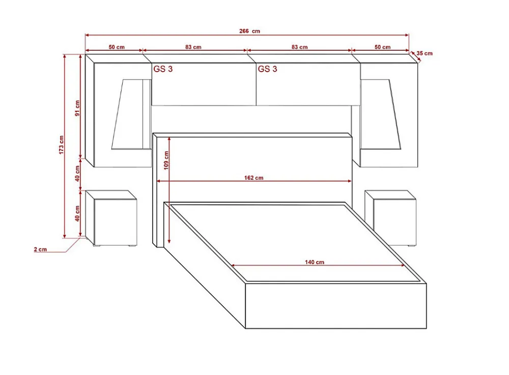 Tête de lit avec rangement Armoire - pont de lit PANAMA 11/HG/W/1-1A blanc/blanc brillant 266x91x35cm>Azura Home Design