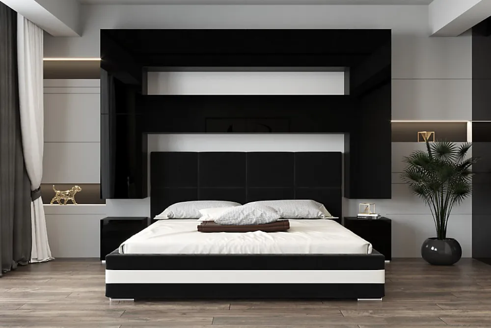 Tête de lit avec rangement Armoire - pont de lit PANAMA 4/HG/B/1-1C noir/noir brillant 280x223x35cm>Azura Home Design Online